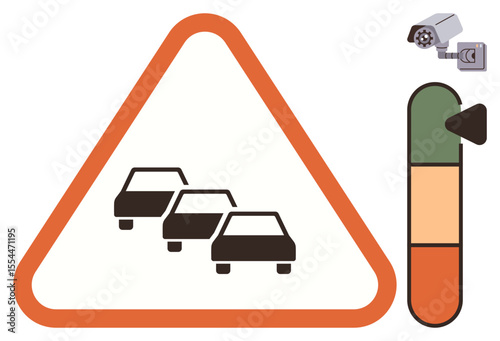 Three cars in a triangular warning sign, surveillance camera above, and risk level indicator. Ideal for road safety, traffic management, urban planning, accident prevention, public warnings