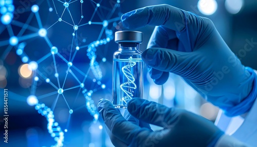 Gloved hands holding a vial with a DNA strand inside against a backdrop of interconnected molecules in a laboratory setting.