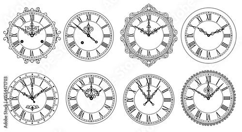 Vintage clock designs vector illustration for decorative projects in line art style