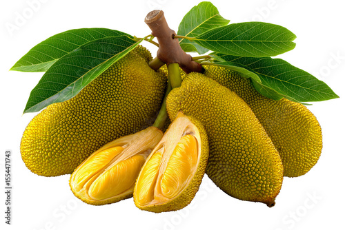Jackfruit whole and cut sections, golden yellow flesh segments, natural green leaves, tropical asian exotic fruit artocarpus heterophyllus isolated on white or transparent background.