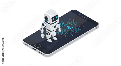 Small robot on smartphone circuit board vector illustration for technology concept in isometric design
