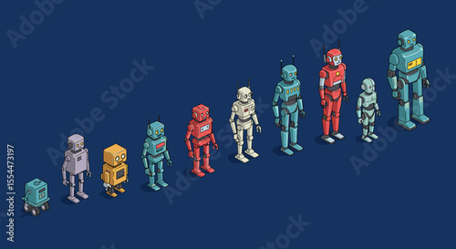 Evolution of robots vector illustration: futuristic technology in isometric style for poster design