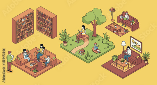 Cozy reading spaces vector illustration for library design in isometric style