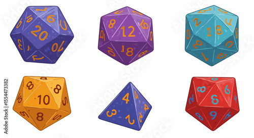 Polyhedral dice vector illustration for tabletop gaming design in vibrant flat style
