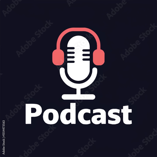 Colorful Podcast Icon with Microphone and Headphones on Black Background – Audio Media Logo Concept