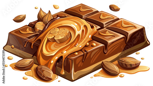 milk chocolate, caramel, nuts, melting, snack, candy, sweet, dessert, soft lighting, semi-realistic, bar, close-up, artistic, treat, luxury, detail, creamy, nutty, smooth, swirl, cocoa, gourmet, tasty