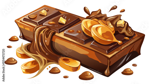 milk chocolate, caramel, nuts, melting, snack, candy, sweet, dessert, soft lighting, semi-realistic, bar, close-up, artistic, treat, luxury, detail, creamy, nutty, smooth, swirl, cocoa, gourmet, tasty