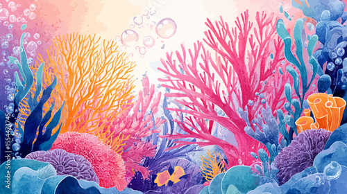 A vibrant, colorful coral reef with fish thrives in a deep blue underwater aquarium
