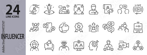 Influencer line icons set with Media, Content, Followers, Marketing, Comment, Audience and more. Editable Stroke