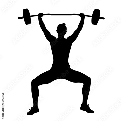 Silhouette of woman weightlifting with overhead barbell, fitness strength training