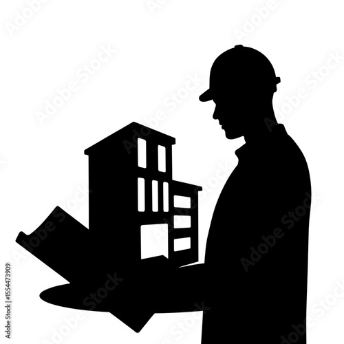 Architect silhouette with building blueprint, structural design assurance
