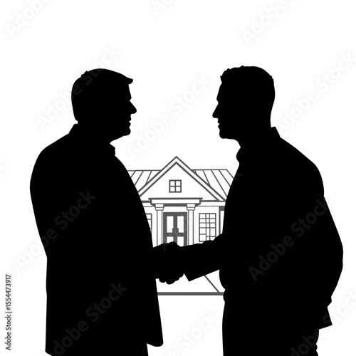 Silhouette of two men shaking hands outside a building, trust and partnership