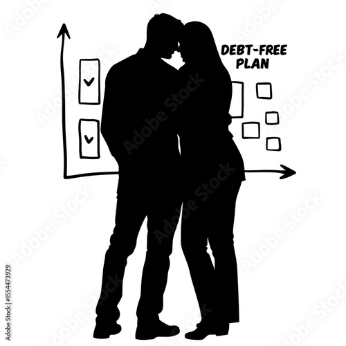 Silhouette couple embracing over debt-free plan chart, financial goal success