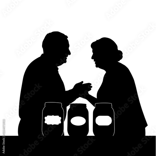 Silhouette of elderly couple smiling at savings jars, retirement financial planning