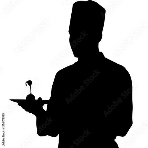 Chef silhouette with molecular garnish, culinary innovation in black and white