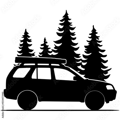 Silhouette of SUV with roof rack near pine trees, nature travel adventure