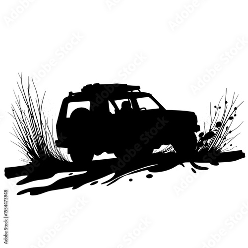 Silhouette of SUV on muddy trail turn, outdoor adventure and intensity