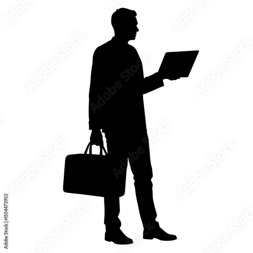 Silhouette of business professional with briefcase and tablet, career transition