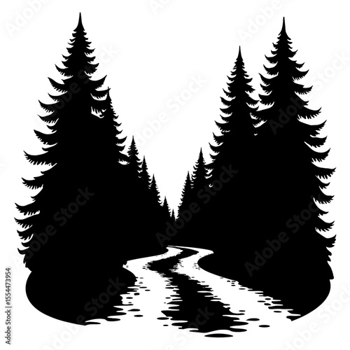 Silhouette forest trail with pine trees, nature adventure exploration