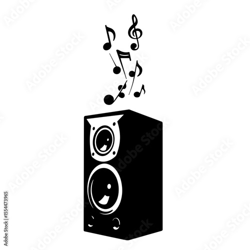 Black speaker with rising music notes on white background, audio visualization concept