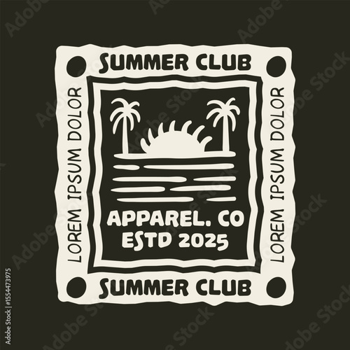 Vintage tropical line art with palm tree, sun, and ocean waves in retro 70s psychedelic style
