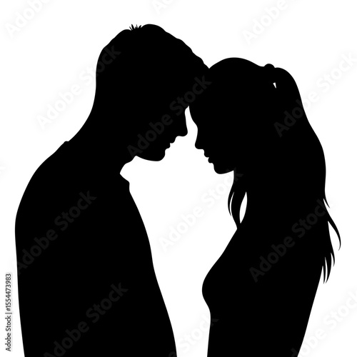 Silhouette of couple touching foreheads on white background, emotional connection