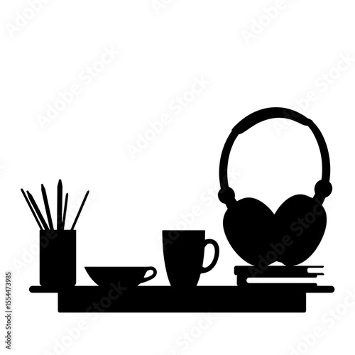 Silhouette of headphones and study desk essentials on white background, copyspace