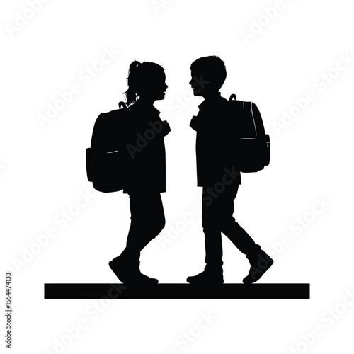 Silhouette of two children with backpacks facing each other ready for school