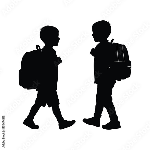 Silhouette of two children with backpacks walking and talking back to school kids friendship