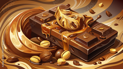 milk chocolate, caramel, nuts, melting, snack, candy, sweet, dessert, soft lighting, semi-realistic, bar, close-up, artistic, treat, luxury, detail, creamy, nutty, smooth, swirl, cocoa, gourmet, tasty