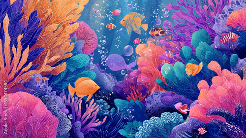Colorful tropical fish swim amongst a vibrant coral reef in the deep blue ocean