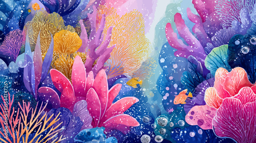 A vibrant tropical coral reef teeming with colorful marine life in the deep blue ocean