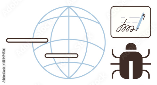 Globe with connecting lines, a signed document, and bug icon representing security, digital verification, and debugging. Ideal for cybersecurity, technology, software, verification coding