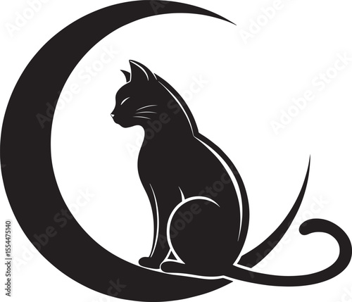 Mystical Feline Perched on Crescent Moon: An elegant black cat sits poised gracefully upon a crescent moon, creating a captivating illustration. the scene evokes a sense of mystery, magic.