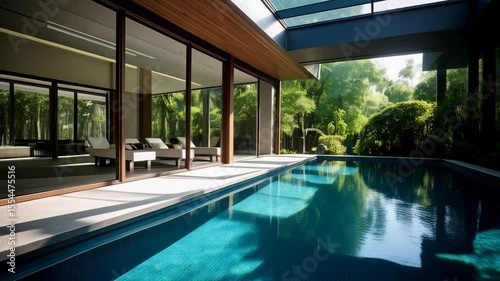 Wallpaper Mural Tranquil indoor pool reflects lush foliage in modern home with skylight and sliding glass doors, offering a relaxing oasis. Torontodigital.ca