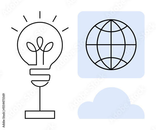 Light bulb with sprouting plant symbolizing innovation and growth, globe illustrating global connection, and cloud indicating technology. Ideal for sustainability, eco-awareness, global thinking