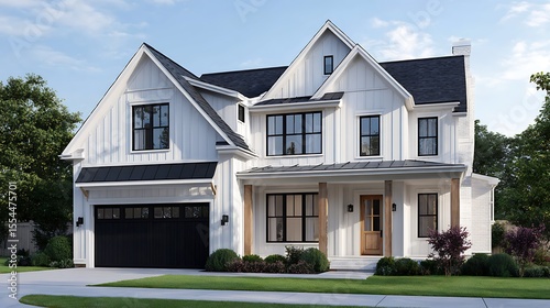 Vibrant photo of white modern farmhouse with board and batten siding, white oak front door and covered porch, and a black garage door and windows.