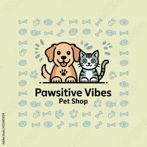 Pawssitive Vibes Pet Shop Logo Golden Retriever Cat Illustration