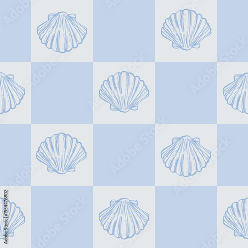 Coastal Seamless pattern with Seashells on Blue Checkered Background. La dolce vita themed inspired by Summer Italian aesthetic. Vintage Marine, feminine, coquette design in charming girly style