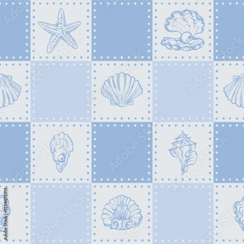 Coastal Seamless pattern with Seashells, Underwater creatures and starfish on Blue Checkered Background. La dolce vita themed inspired by Summer Italian aesthetic. Vintage Marine, coquette design