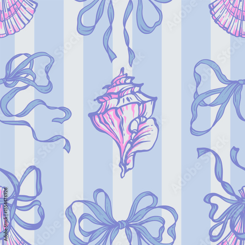 Seashells, Ribbon Bows Seamless Pattern on Blue striped Background. La dolce vita themed inspired by Summer Italian aesthetic. Vintage Marine, feminine, coquette design in charming girly style