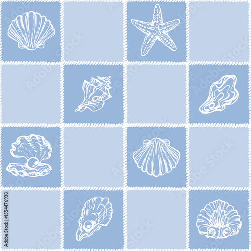 Coastal Seamless pattern with Seashells, Underwater creatures and starfish on Blue Checkered Background. La dolce vita themed inspired by Summer Italian aesthetic. Vintage Marine, coquette design