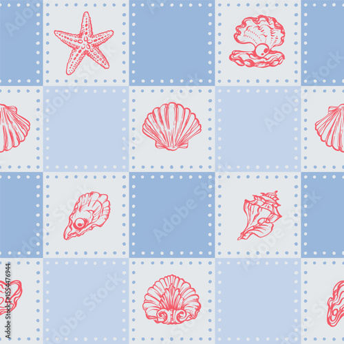 Coastal Seamless pattern with Red Seashells, Underwater creatures and starfish on Blue Checkered Background. La dolce vita themed inspired by Summer Italian aesthetic. Vintage Marine, coquette design