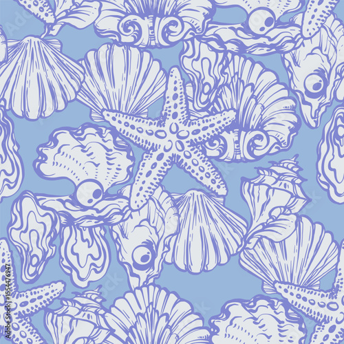 Coastal Seamless pattern with Seashells, Underwater creatures and starfish on Blue Background. La dolce vita themed inspired by Summer Italian aesthetic. Vintage Marine, feminine, coquette design