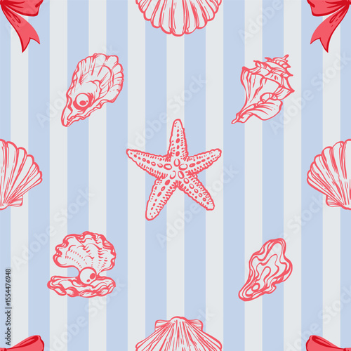 Red Seashells, Ribbon Bows Seamless Pattern on Blue striped Background. La dolce vita themed inspired by Summer Italian aesthetic. Vintage Marine, feminine, coquette design in charming girly style