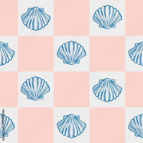 Coastal Seamless pattern with Seashells on yellow Checkered Background. La dolce vita themed inspired by Summer Italian aesthetic. Vintage Marine, feminine, coquette design in charming girly style