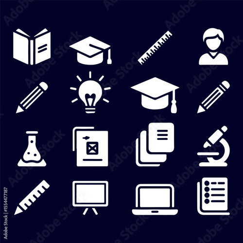 Black and white flat style education icon set