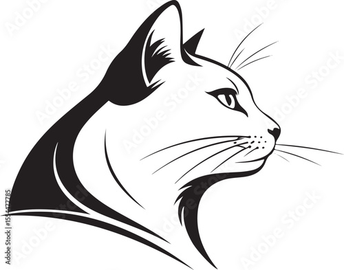 Elegant Cat Silhouette: A striking side profile of a domestic cat, captured in a sleek black and white silhouette, conveys the graceful essence and captivating gaze.