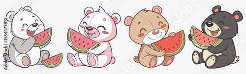 Adorable bear cubs enjoying juicy watermelon in summer simple flat design.