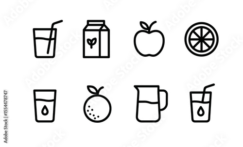 Minimalist line icons of beverages and fruits in black and white